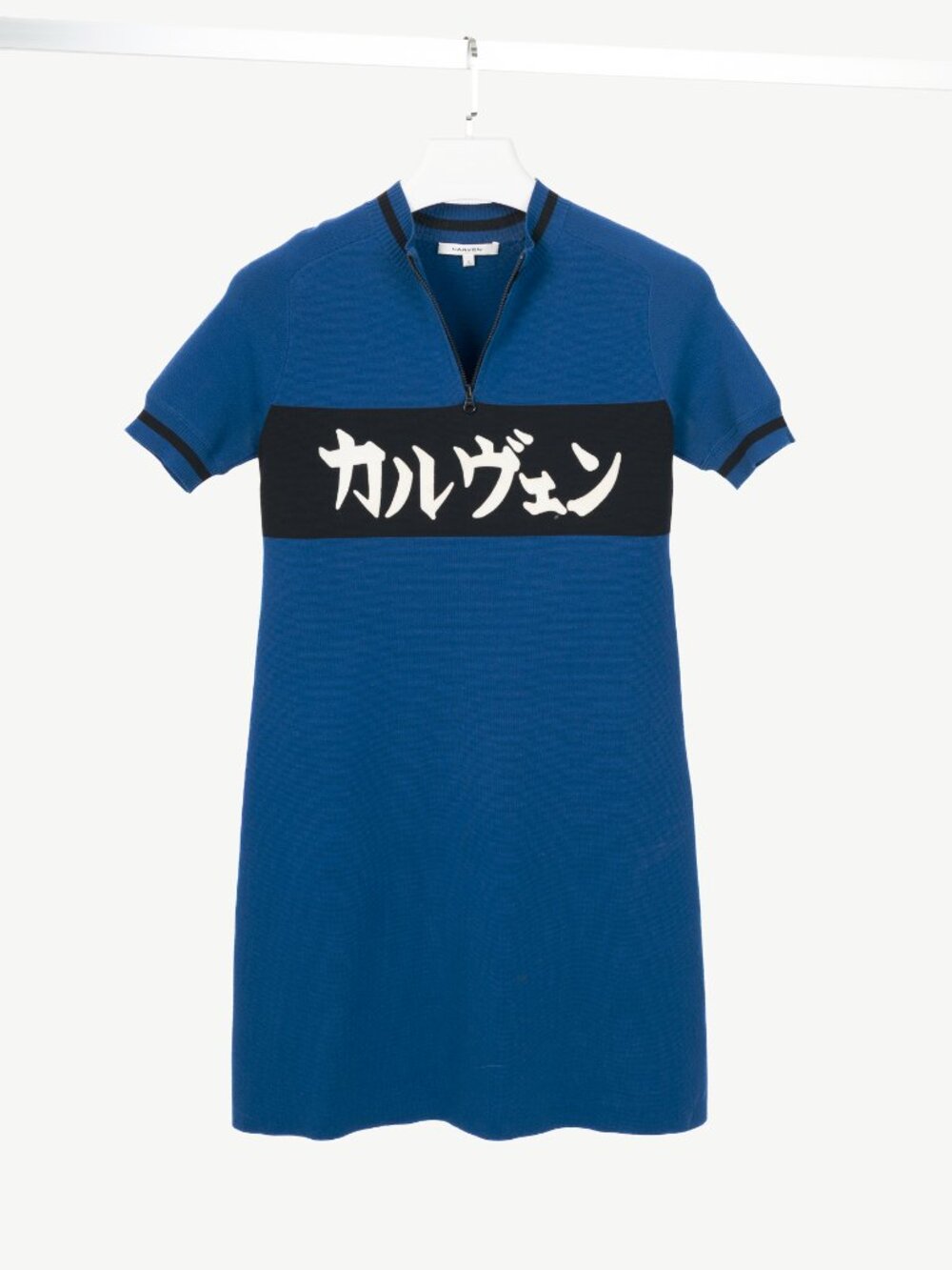 Carven SS15 Blue Cotton-Knit Flocked-Logo Mini Dress